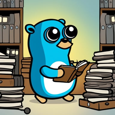 Draw Go Blue Gopher surrounded by many files of the Linux operating system, monitoring the files and sending a message to the decision-making center if they change.