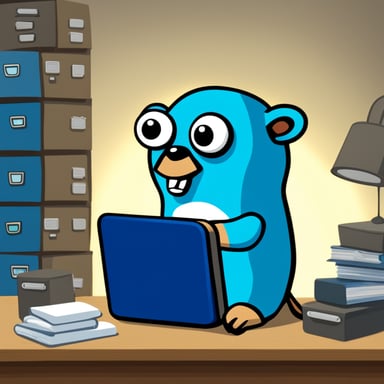 Draw Go Blue Gopher surrounded by many files of the Linux operating system, monitoring the files and sending a message to the decision-making center if they change.