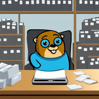 Draw Go Blue Gopher surrounded by many files of the Linux operating system, monitoring the files and sending a message to the decision-making center if they change.