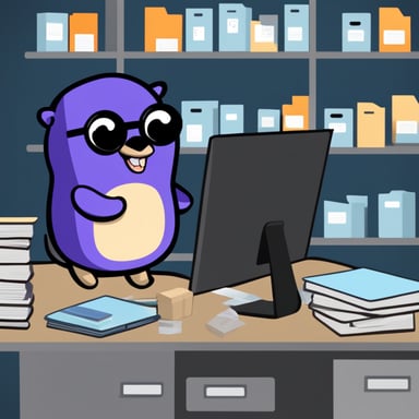 A purple Go Blue Gopher surrounded by many files of the Linux operating system, monitors the files and if they change, sends a message to the decision-making center.