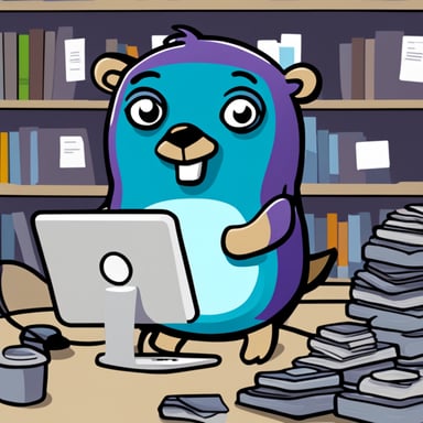 A purple Go Blue Gopher surrounded by many files of the Linux operating system, monitors the files and if they change, sends a message to the decision-making center.