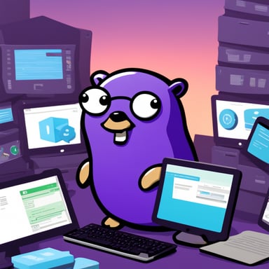 A purple Go Blue Gopher surrounded by many files of the Linux operating system, monitors the files and if they change, sends a message to the decision-making center.