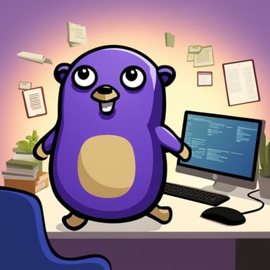 A purple Go Blue Gopher surrounded by many files of the Linux operating system, monitors the files and if they change, sends a message to the decision-making center.