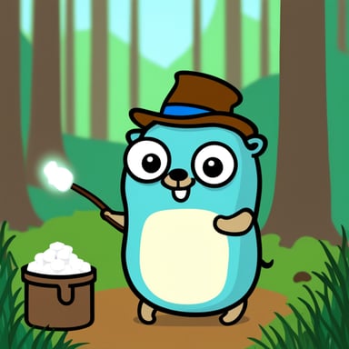 Go Blue Gopher in forest with hat and marshmallow.