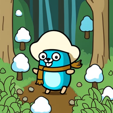 Go Blue Gopher in forest with hat and marshmallow.