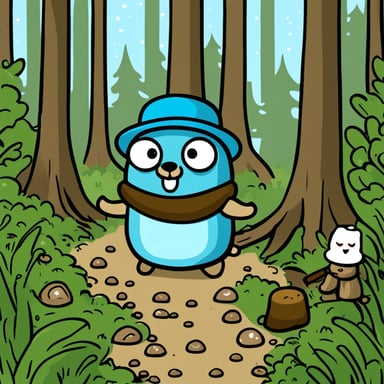 Go Blue Gopher in forest with hat and marshmallow.