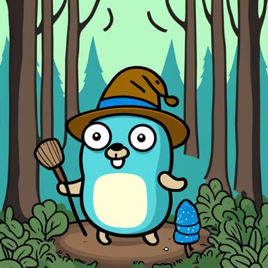 Go Blue Gopher in forest with hat and marshmallow.
