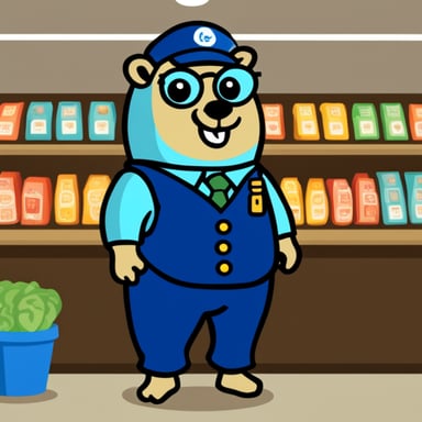 Go Blue Gopher as a supermarket cashier.