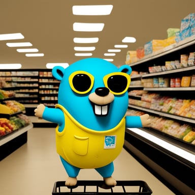 Go Blue Gopher as a supermarket cashier.