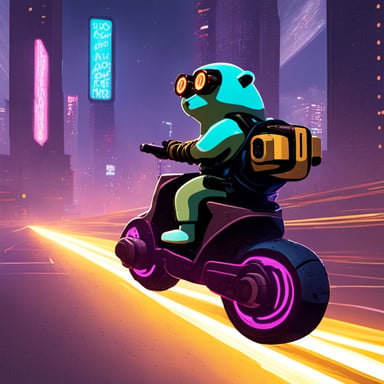 A go blue gopher in a cyberpunk city, riding a neon-lit hoverbike.