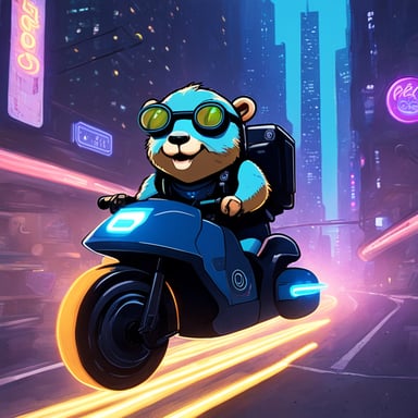 A go blue gopher in a cyberpunk city, riding a neon-lit hoverbike.