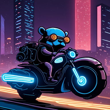 A go blue gopher in a cyberpunk city, riding a neon-lit hoverbike.