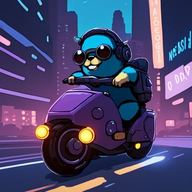 A go blue gopher in a cyberpunk city, riding a neon-lit hoverbike.