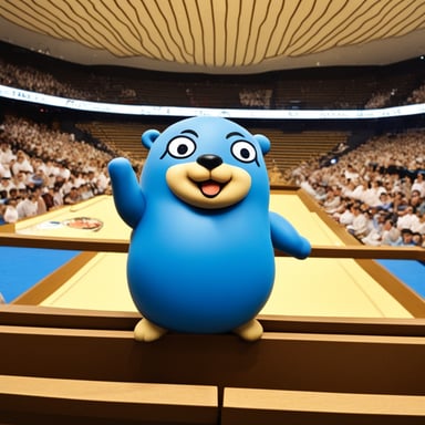 Happy Go Blue Gopher watching sumo at the Kokugikan in Tokyo.