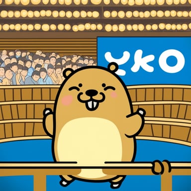 Happy Go Blue Gopher watching sumo at the Kokugikan in Tokyo.