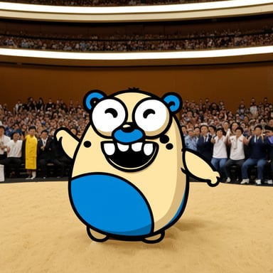 Happy Go Blue Gopher watching sumo at the Kokugikan in Tokyo.
