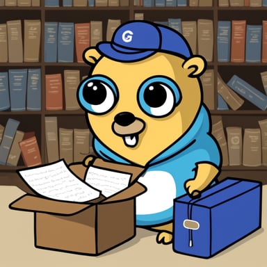 Go Blue Gopher thoughtfully looked for something in a box full of paper scripts.