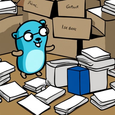 Go Blue Gopher thoughtfully looked for something in a box full of paper scripts.