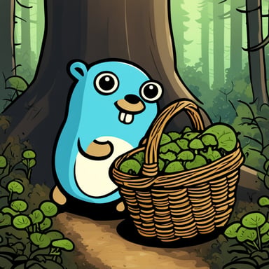 A Go Blue Gopher with a basket gathering mushrooms and herbs in the forest.