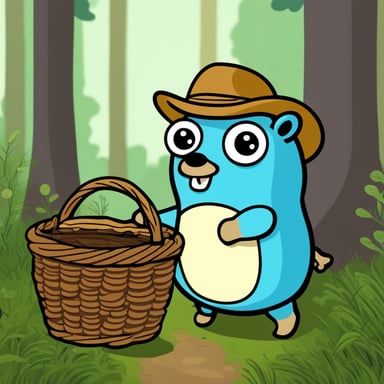 A Go Blue Gopher with a basket gathering mushrooms and herbs in the forest.