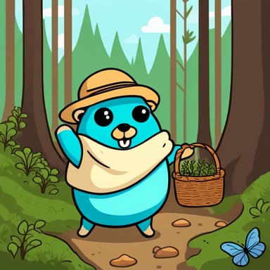 A Go Blue Gopher with a basket gathering mushrooms and herbs in the forest.