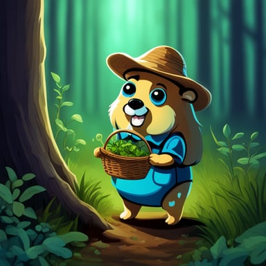 A Go Blue Gopher with a basket gathering mushrooms and herbs in the forest.