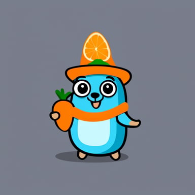 Draw a developer gopher character named Go Blue Gopher waving an orange carrot.