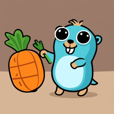 Draw a developer gopher character named Go Blue Gopher waving an orange carrot.