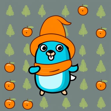 Draw a developer gopher character named Go Blue Gopher waving an orange carrot.
