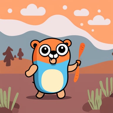 Draw a developer gopher character named Go Blue Gopher waving an orange carrot.