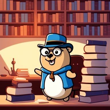 Go Blue Gopher wearing a Korean hat and white cloth, has many books to read at the desk.