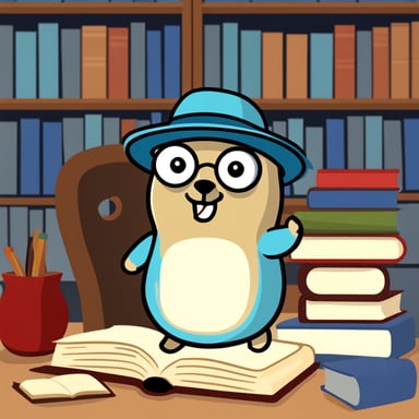 Go Blue Gopher wearing a Korean hat and white cloth, has many books to read at the desk.