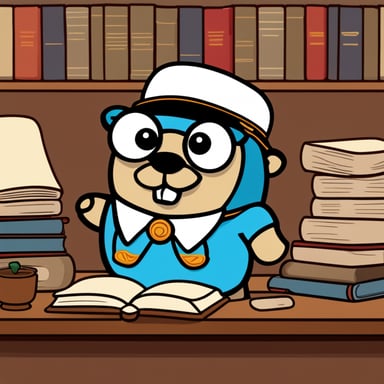 Go Blue Gopher wearing a Korean hat and white cloth, has many books to read at the desk.