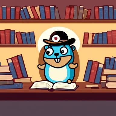 Go Blue Gopher wearing a Korean hat and white cloth, has many books to read at the desk.