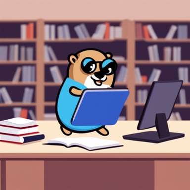 Go Blue Gopher is studying with a laptop.