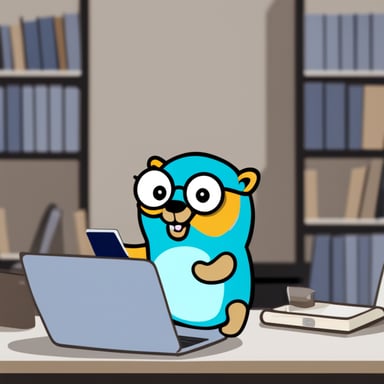 Go Blue Gopher is studying with a laptop.