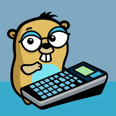 Go Blue Gopher doing intense math on a big calculator.
