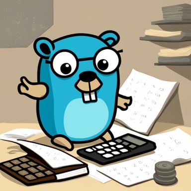 Go Blue Gopher doing intense math on a big calculator.