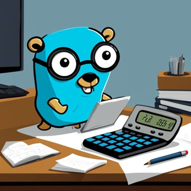 Go Blue Gopher doing math on a big calculator while doing test-driven development.