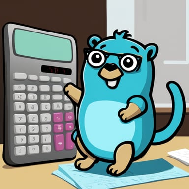 Go Blue Gopher doing math on a big calculator while doing test-driven development.