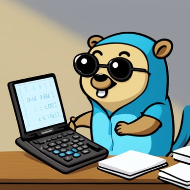 Go Blue Gopher doing math on a big calculator while doing test-driven development.