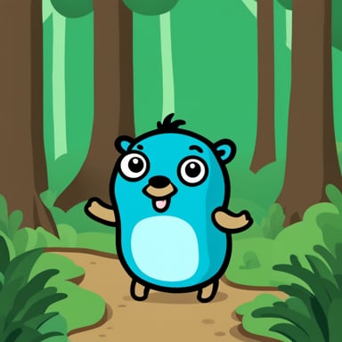 Happy go blue gopher in a forest.