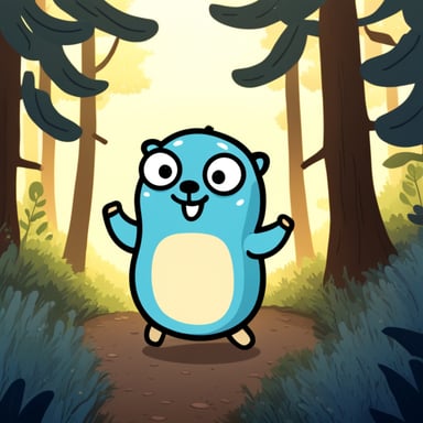Happy go blue gopher in a forest.