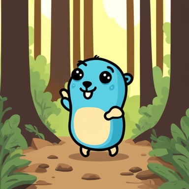 Happy go blue gopher in a forest.