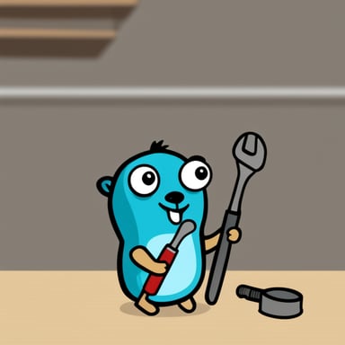 Go Blue Gopher happily trying to fix something with a wrench.