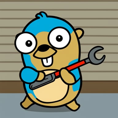 Go Blue Gopher happily trying to fix something with a wrench.
