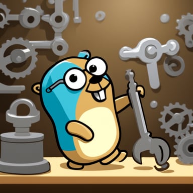 Go Blue Gopher happily trying to fix something with a wrench.