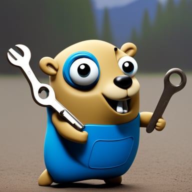 Go Blue Gopher happily trying to fix something with a wrench.