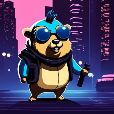 Go Blue Gopher as a cool hackerman-like gopher in a neon cyberpunk city.