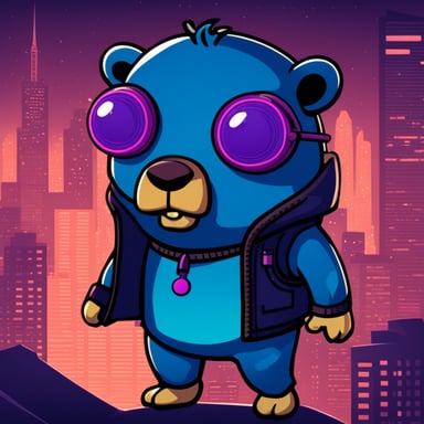 Go Blue Gopher as a cool hackerman-like gopher in a neon cyberpunk city.